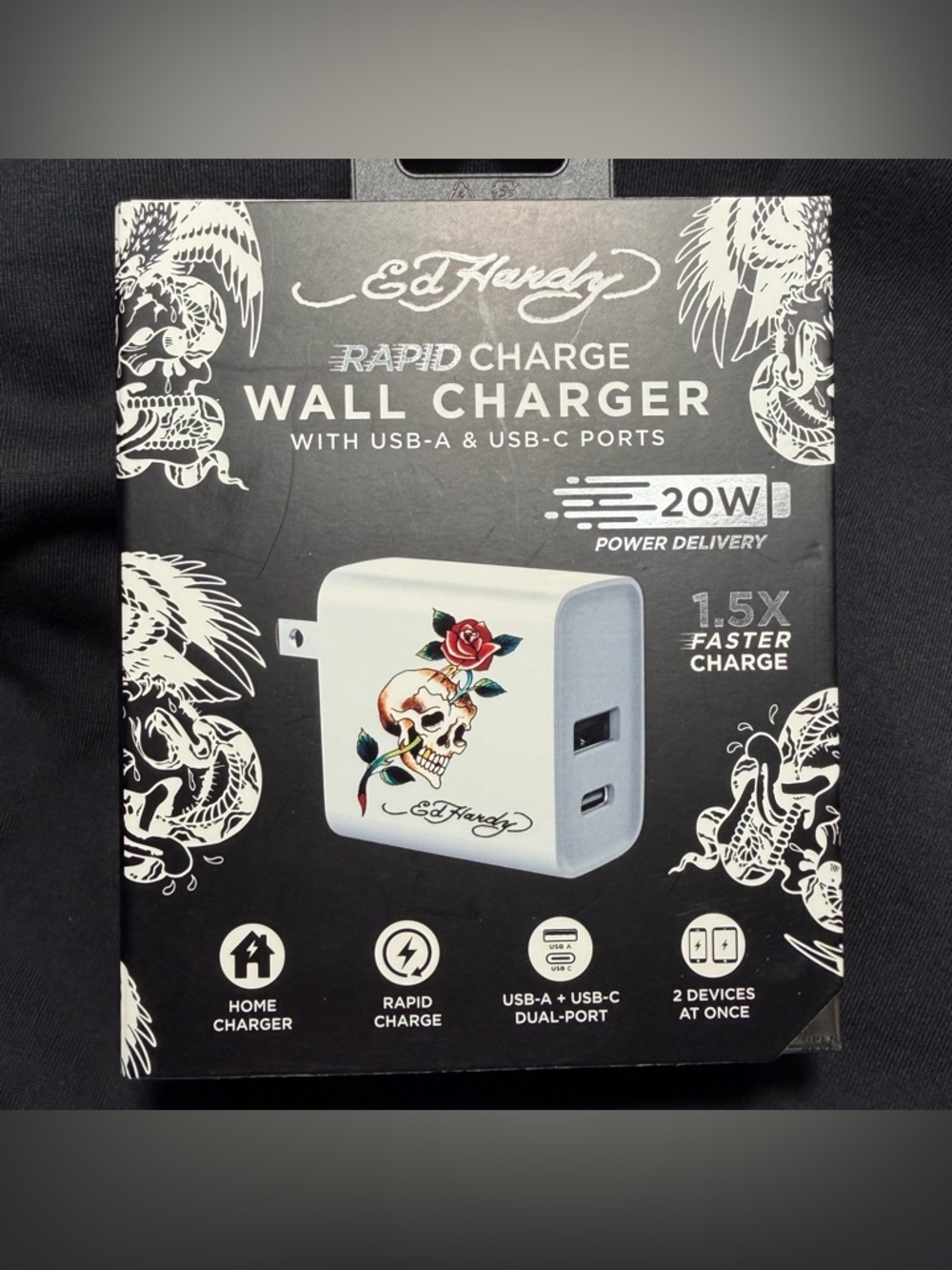 Ed Hardy Christian Audigier Rapid Charge Wall Charger USB-A & USB-C Ports (Whte)